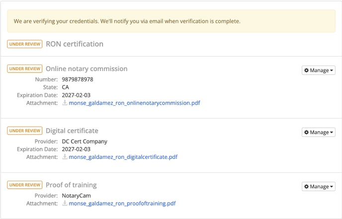 Pending RON credentials