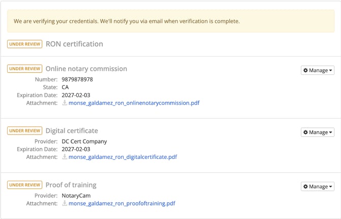 Pending RON credentials