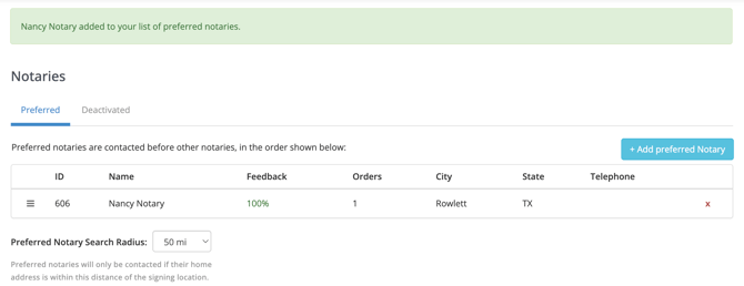 notary added to your list of preferred notaries